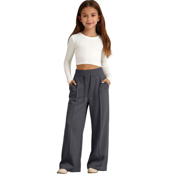 WUSUOWEI Baby Girl High Waist Wide Leg Trousers, Lightweight Smooth Fabric Baggy Loose Fit Jogging Bottoms with Pockets, Breathable Summer Outdoor Sports Casual Pants for Kids 5-6 Years