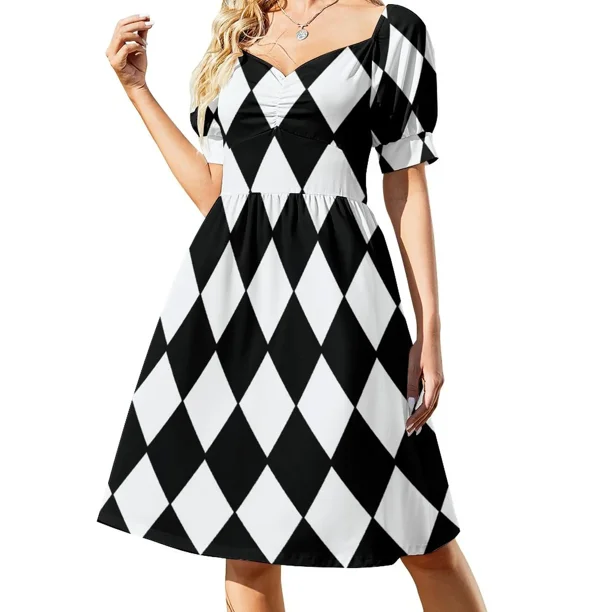 Vestido sin mangas con patrón de arlequín en contraste blanco y negro para mujer ropa de playa ropa de verano