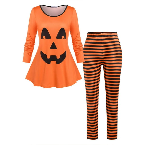 Tallas grandes Halloween calabaza cara impresión pijamas a rayas conjunto Rosegal Pijamas y Batas Tallas Grandes