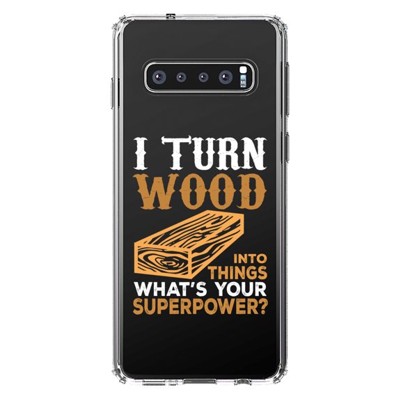 DistinctInk Clear Shockproof Hybrid Case for Samsung Galaxy S10  PLUS (6.4" Screen) - TPU Bumper Acrylic Back Tempered Glass Screen Protector - Turn Wood into Things What's Your Superpower