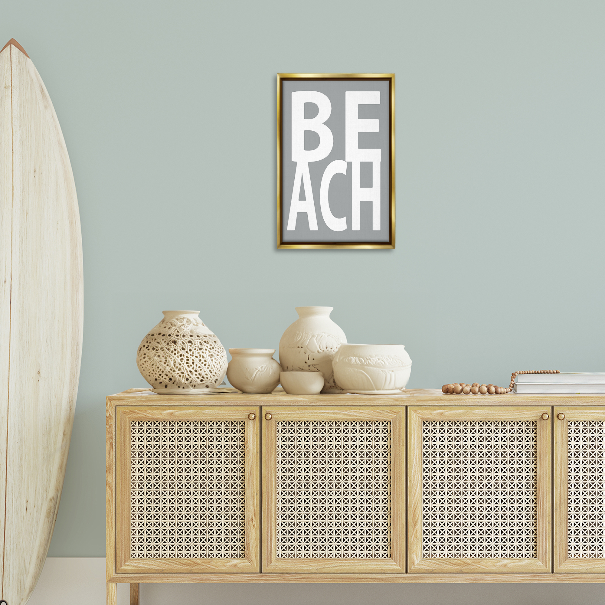 Stupell Industries Beach Word on Grey Typography Painting Gold Floater Framed Art Print Wall Art, 17 x 25