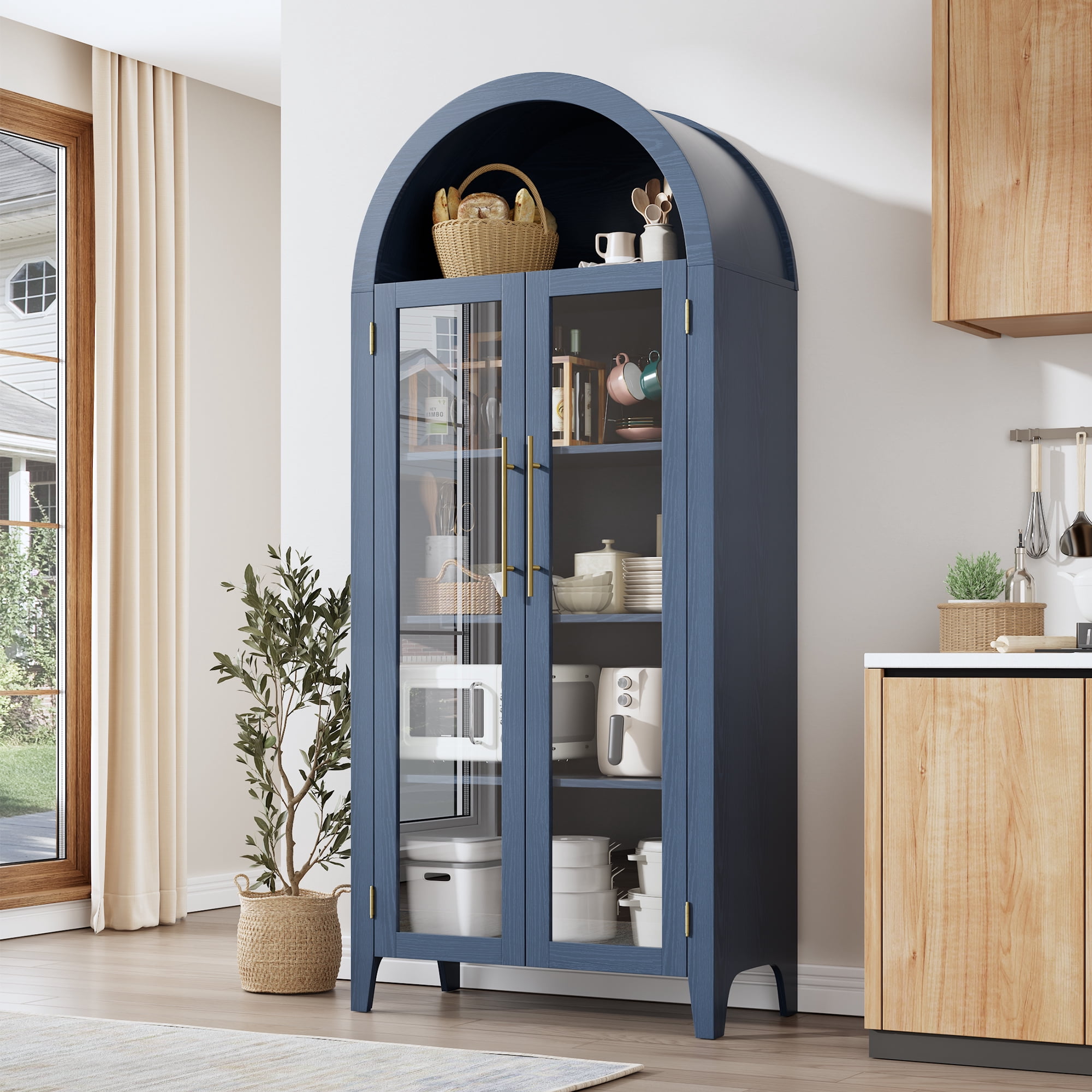5-Tier Arched Bookcase, Bookshelf with Glass Door, Display Cabinet with Adjustable Shelves, Tall Storage Cabinet for Living Room, Modern Bookcase for Bedroom/Living Room/Home Office