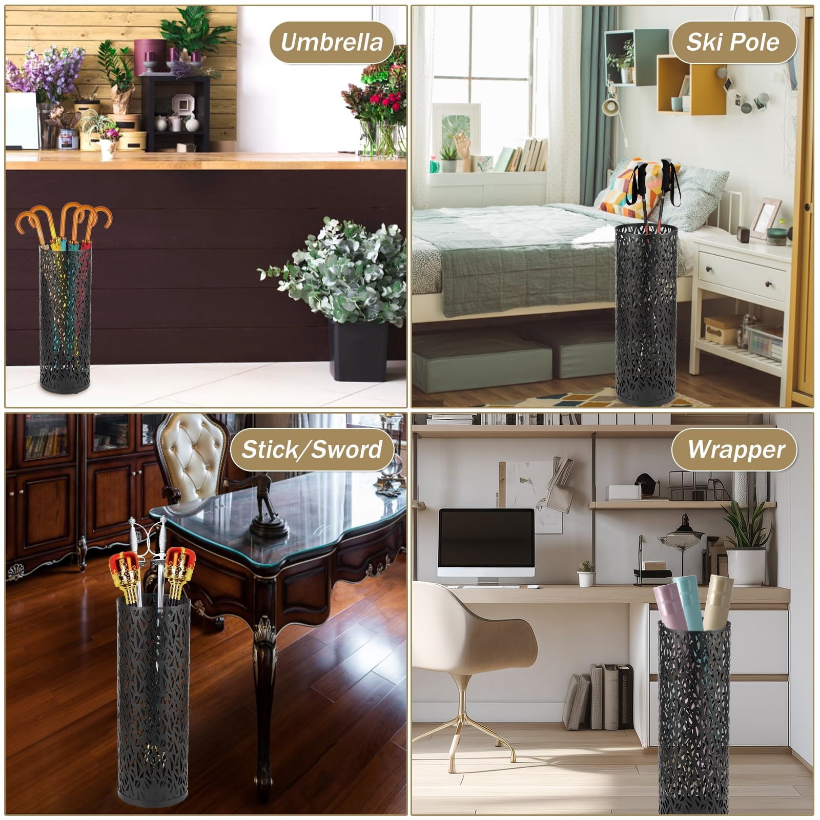 Metal Umbrella Holder - Hollow Design, Quick Drying, 4-6 Umbrellas Capacity - for Home/Hotel Entrances