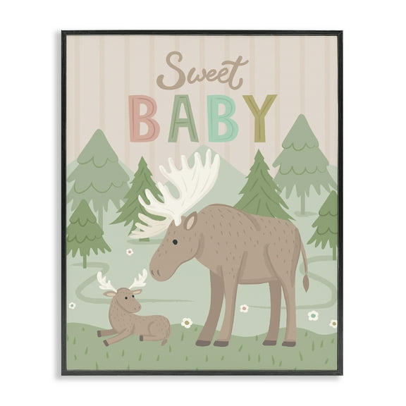 Stupell Industries Sweet Baby Wild Moose Animals Painting Black Framed Art Print Wall Art, 11 x 14