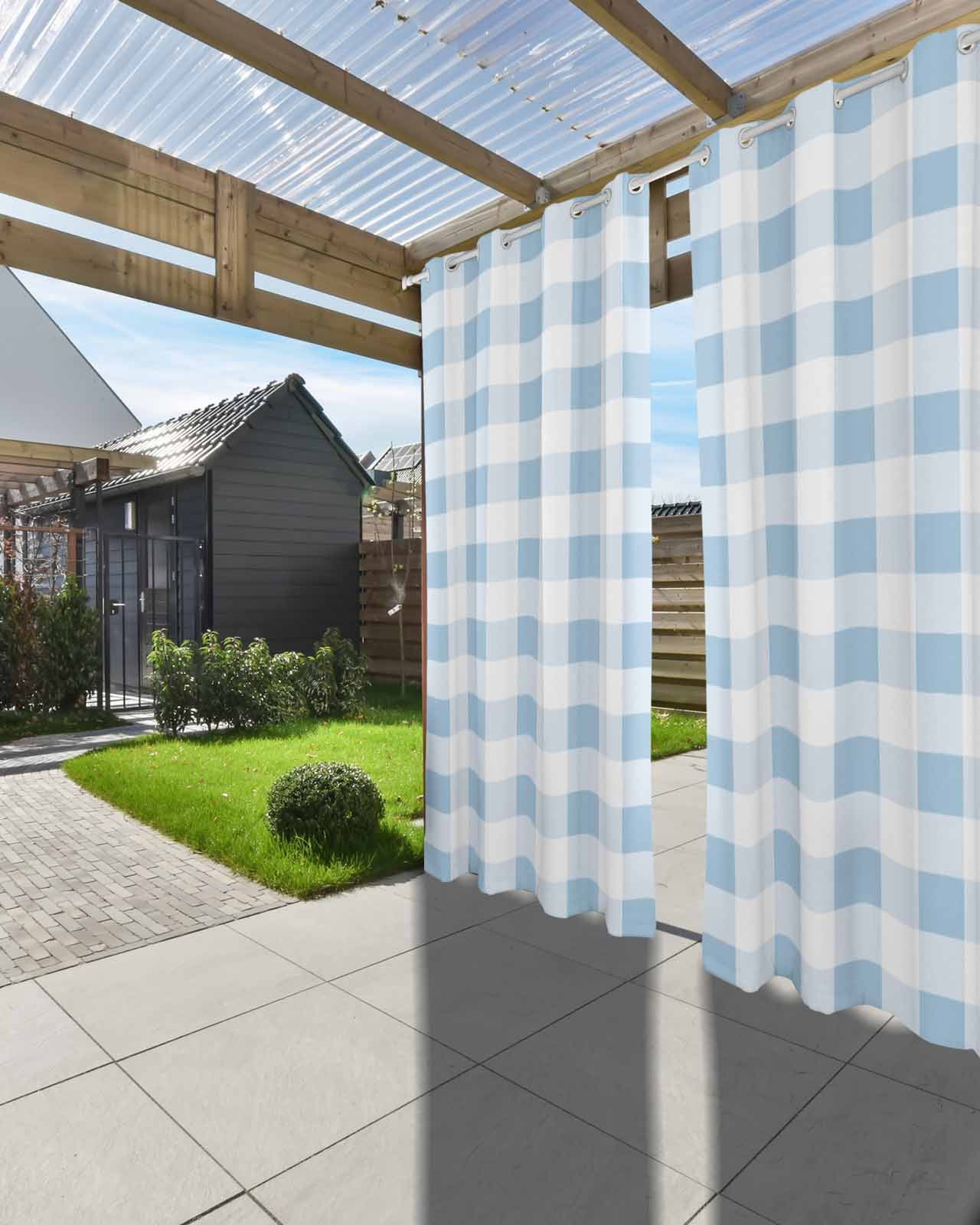 Outdoor Curtains for Patio, Buffalo Plaid Blue, Waterproof Blackout Outside Curtain for Porch/Pergola/Gazebo, Country French Simple White Lattice Thermal Insulated Drapes, 2 Panels, 54 x 95 Inch