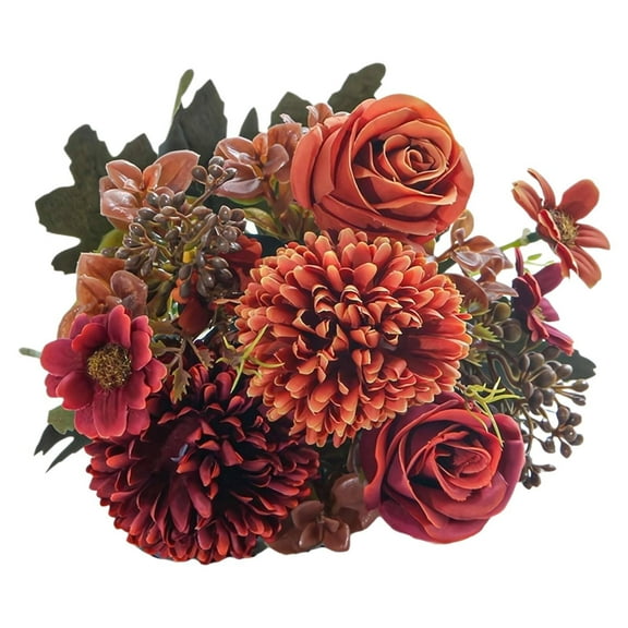 HEXBOOYOO Artificial Fall Flowers Fake Roses Mums Fall Floral Arrangement Silk Chrysanthemums Bouquet for Home Table Indoor Kitchen Wedding Centerpieces Party Autumn Decoration - 2025 New Arrival🔥
