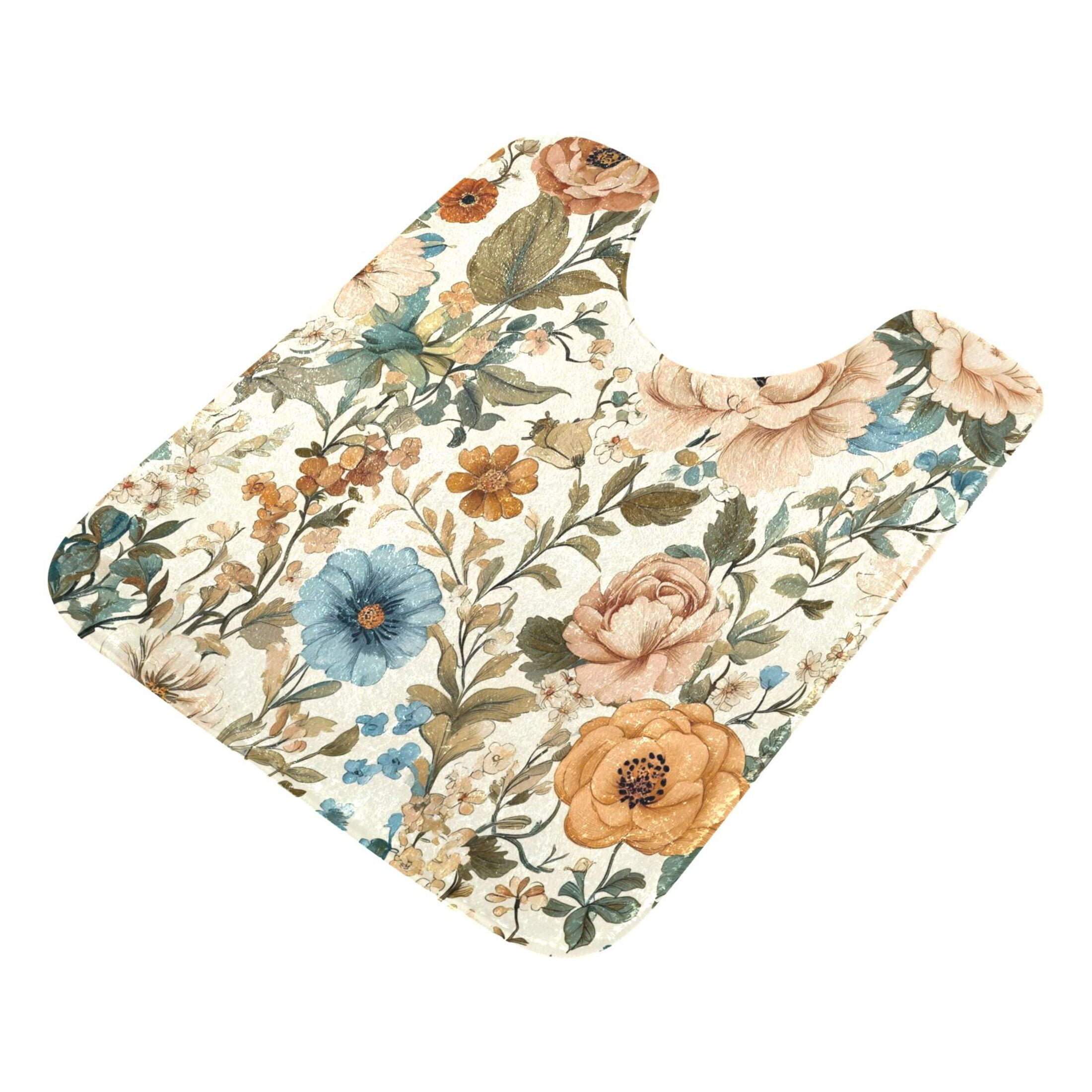 2 Piece Soft Bathroom Rug Set Beautiful Vintage Floral Bath Mat and U-Shaped Toilet Contour Rug (16"x24"+20"x24")