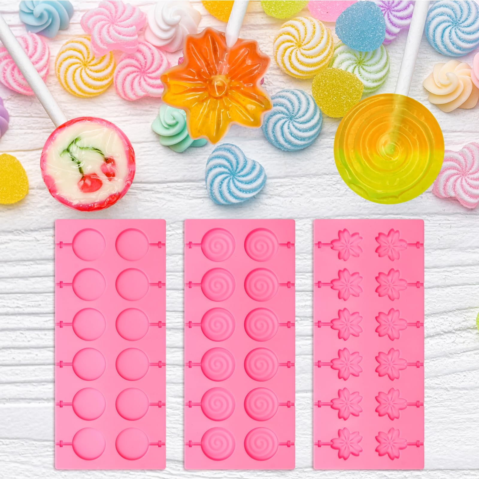 304Pcs Silicone Lollipop Molds Kit, Plutput Lollipop Maker Molds Set Pink Cake Pop Mold Kit for Chocolate Silicone Mold with 15 Holes Acrylic Lollipop