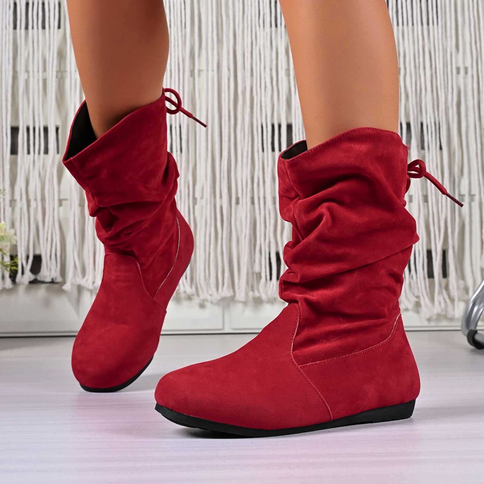 Miluxas Women Mid Calf Boots Wide Calf Slouch Ruched Suede Flats Low Heels Lace up Solid Color Booties Trendy Retro Comfort Non Slip Walking Riding Hiking Shoes Red 7.5(40)