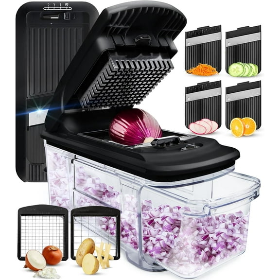 All-in-1 Vegetable Chopper and Mandoline Slicer for Kitchen - Cheese Grater, French Fry Cutter, Cheese Slicer - Bonus Handheld Spiralizer Included