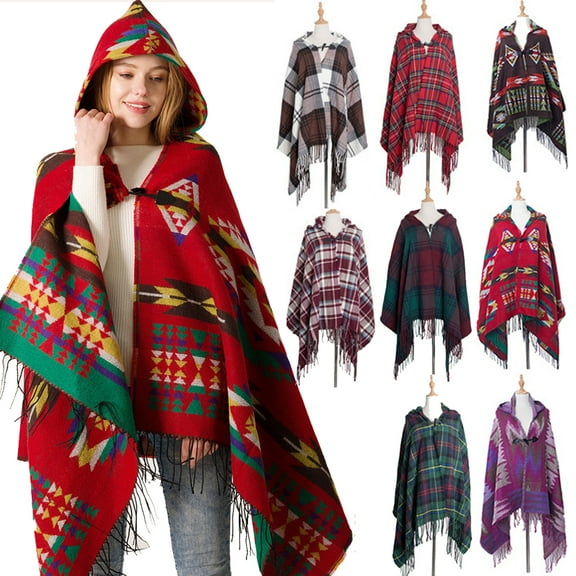 Women's Vintage Plaid Knitted Tassel Poncho Shawl Cape Button Cardigan