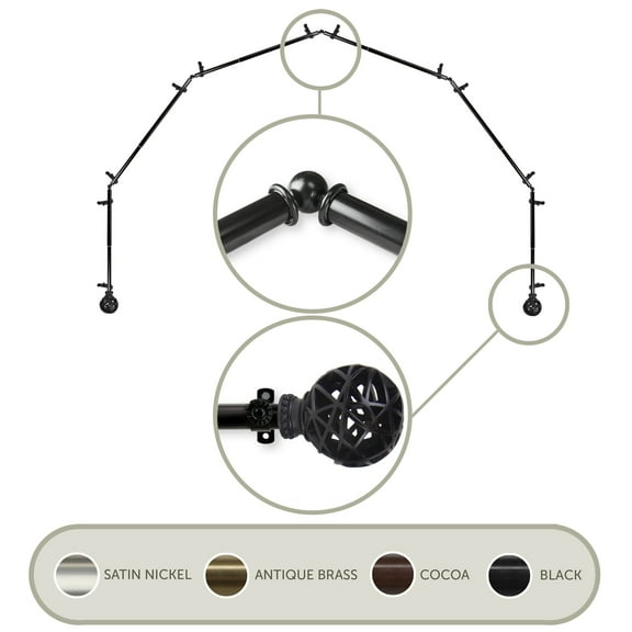 3/4" Dia Adjustable 6 Sided Bay Window Curtain Rod 28 to 48" (each side) in Black with Matthias Finials,(6Bay-88-2)