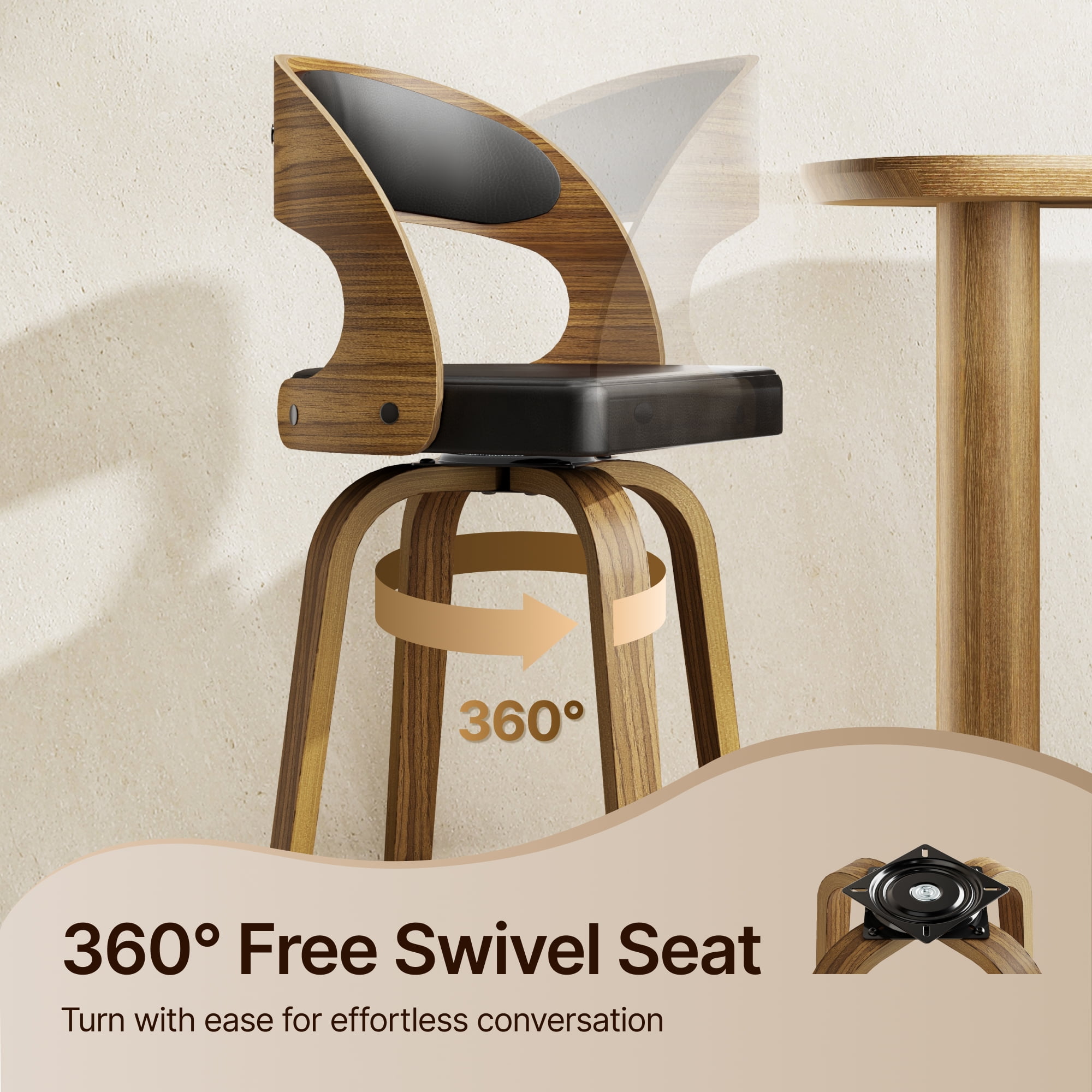 SUNCOZE Counter Height Bar Stools Set of 2, 37 Inch Swivel Bar Chairs with PU Leather Upholstery, Solid Wood Legs, Modern Seating for Kitchen Island & Home Bar