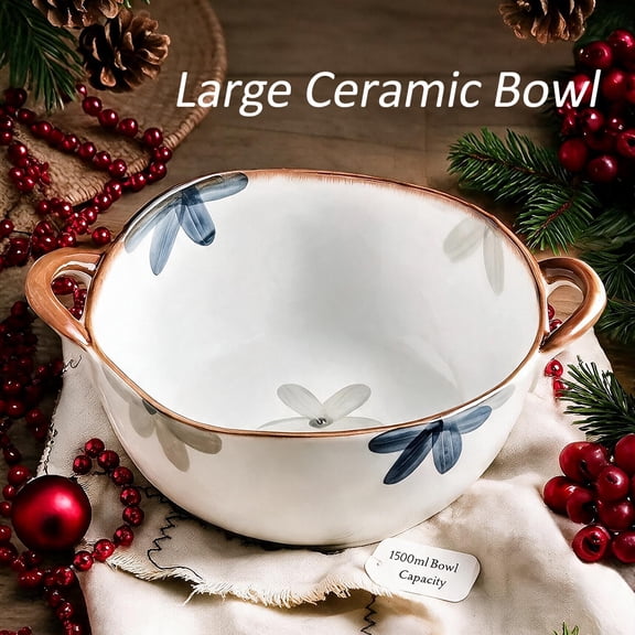 Big Serving Bowl,50oz Ceramic Cereal Bowl with Handles for Salad Pasta Ramem Soup,Blue Decorative Serving Dish Kitchen Fruit Stoneware Bowl,Microwave Dishwasher Safe