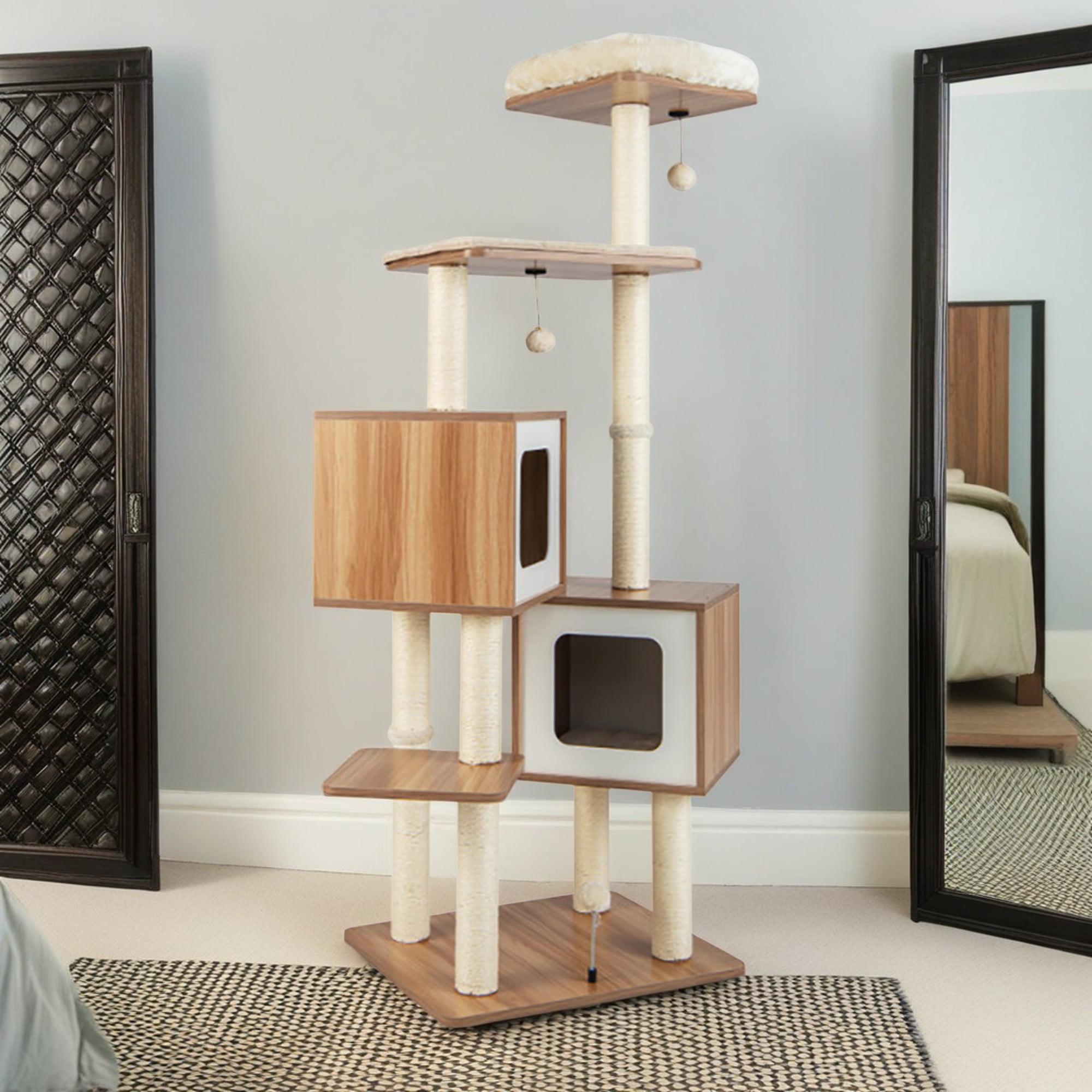 Kadyn 64" Large Wooden Cat Tree Tower with Double Condos, Large Perch and Totally Wrapped Sisal Posts, Modern Cat Tree House, Beige
