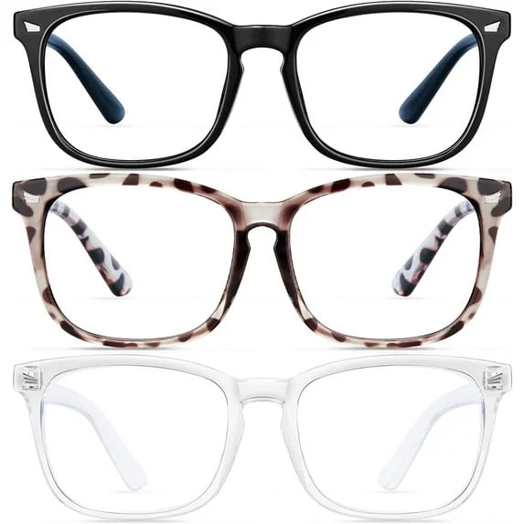 Blue Light Blocking Glasses - 3 Pack Fashion Square Fake Eyeglasses,Anti UV Ray Computer Gaming Glasses,Blue Blockers Glasses for Women/Men,Matte Black Leopard Transparent