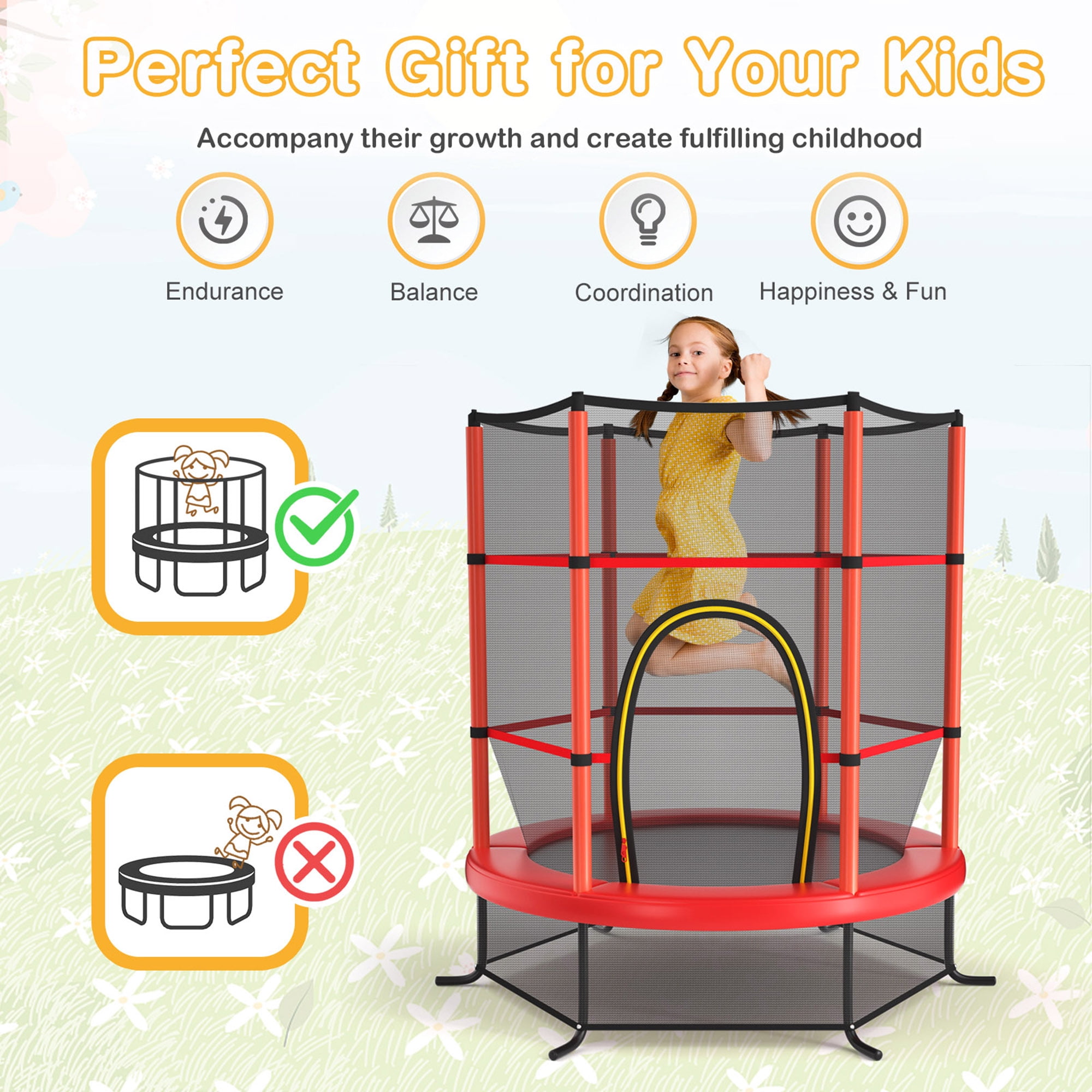 Gymax 55'' Recreational Trampoline for Kids Toddler Trampoline w/ Enclosure Net Red