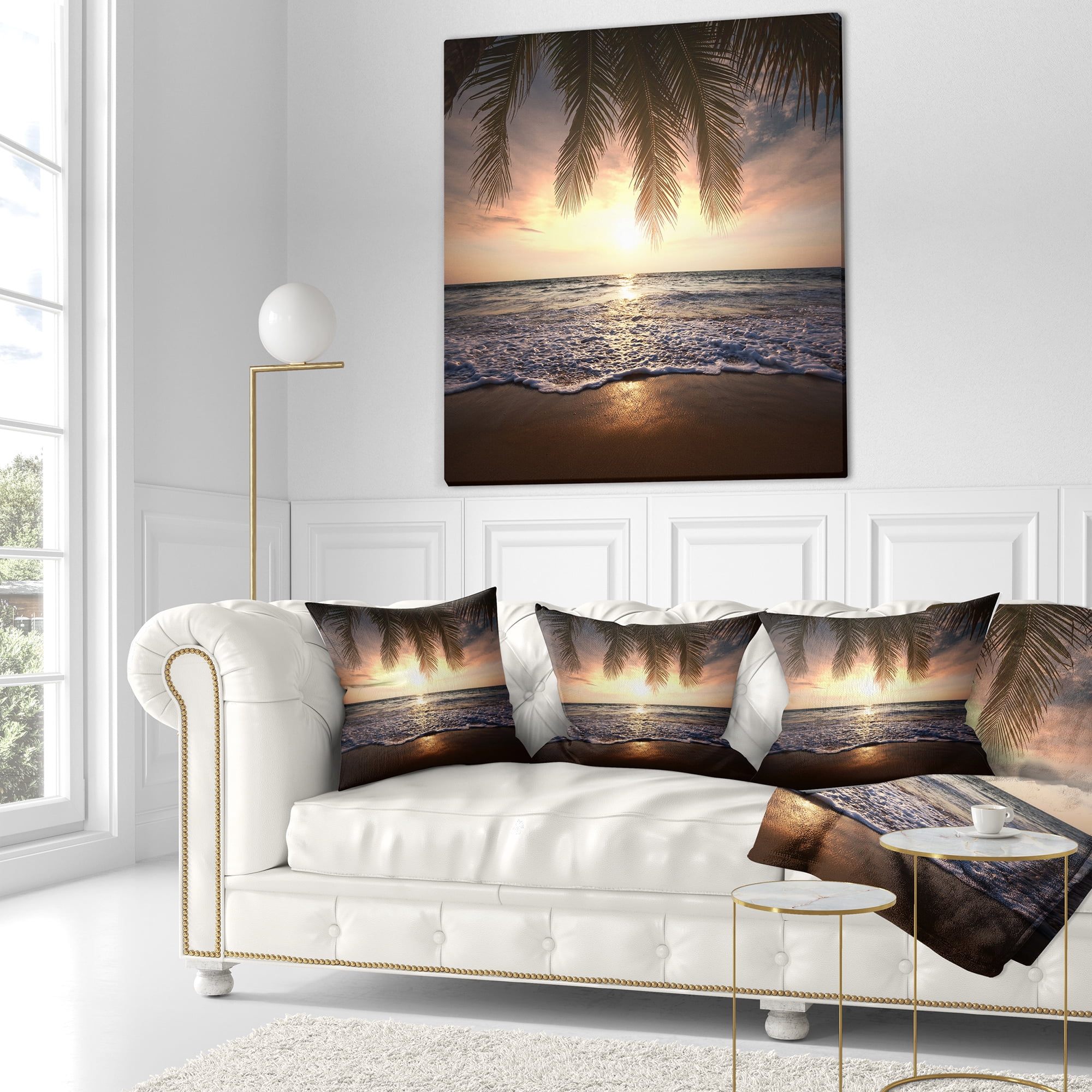 Designart Tropical Beach with Palm Leaves - Seashore Throw Pillow - 16x16