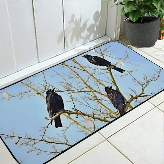 Qinduosi Decorative Door Mat, Door Mat with Non-Slip Rubber Backing, Easy Cleaning, Traps Dirt, for Entry, Patio, Garage - Crow Bird Animal Corvus Wildlife Sitting Plumage 19.68*47.24 in
