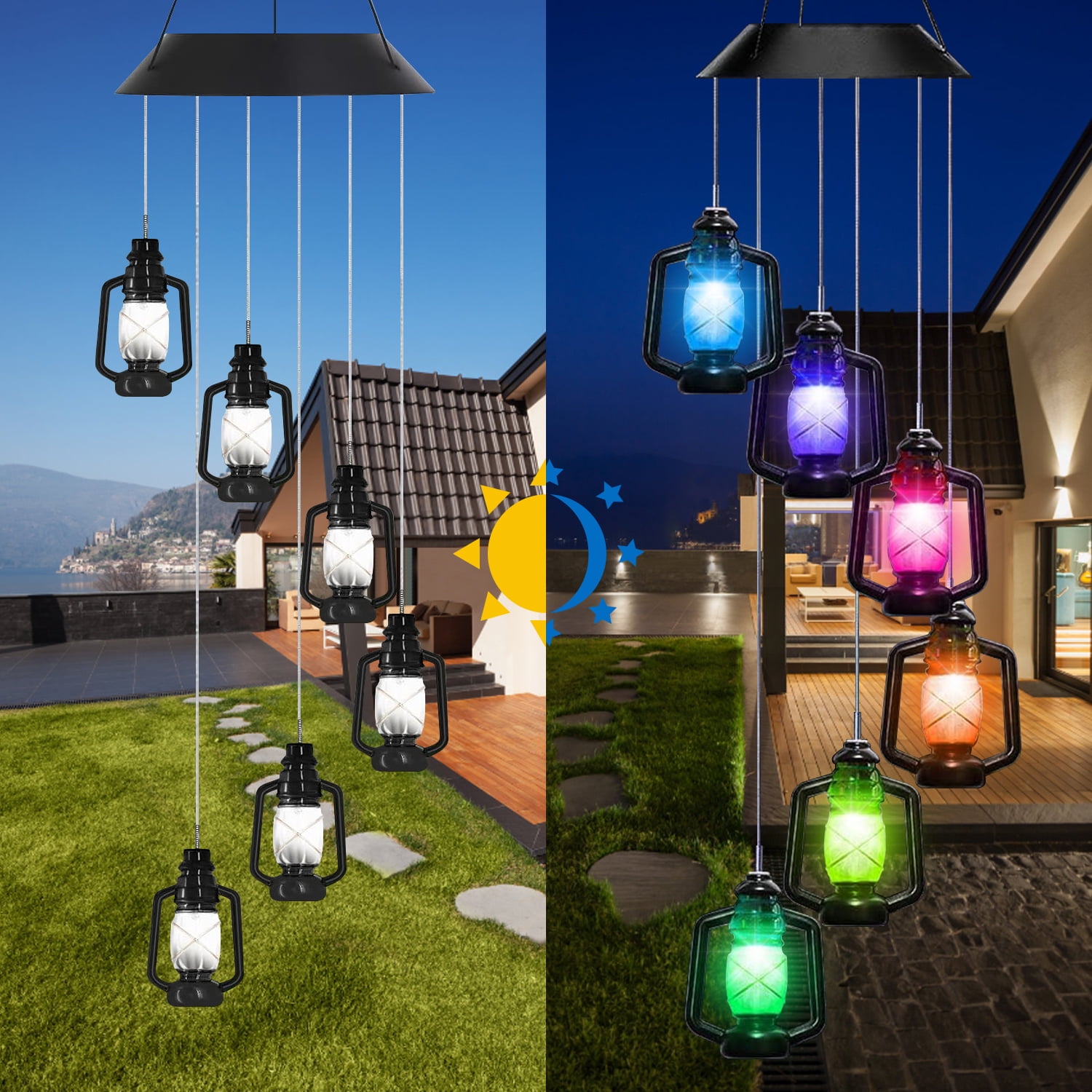 Rirool LED Solar Powered Lanterns Wind Chime - Color Changing, Waterproof, Six Chimes Spiral Spinner Windchime - Portable Outdoor/Indoor Patio Deck Yard Garden Home Deco
