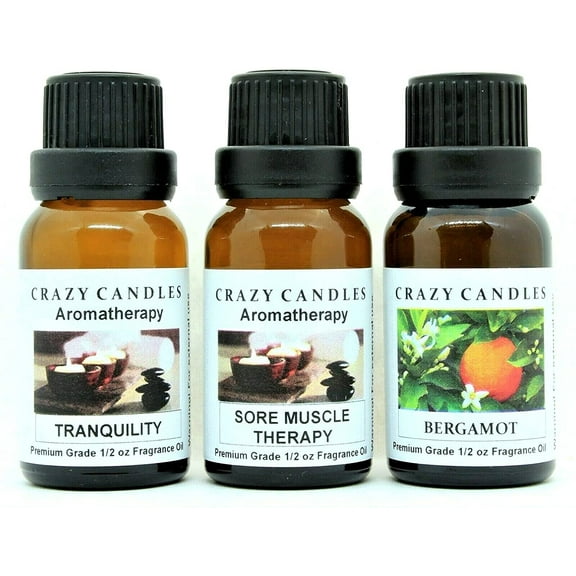 Crazy Candles 3 Bottles Set (Aromatherapy Collection) 1 Tranquility, 1 Sore Muscle Therapy, 1 Bergamot 1/2 Fl Oz Each (15ml) Premium Grade Scented Fragrance Oils