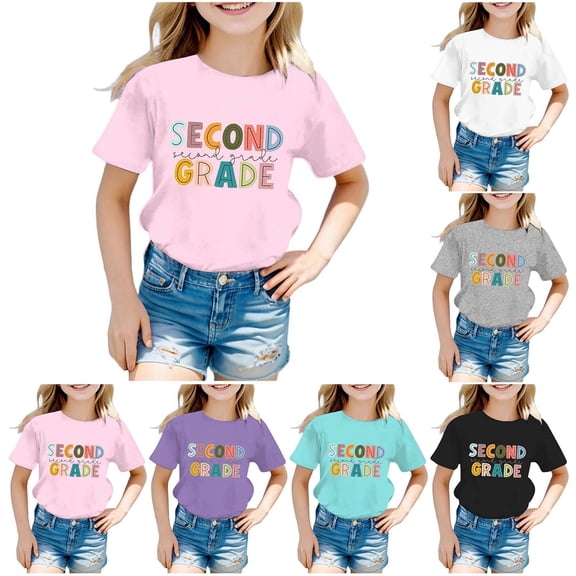 Gaexia Children's Fashion Printed Round Neck Short Sleeve Casual T Shirt Top For Back To School Clothes Girls (Pink,6-7 Years)