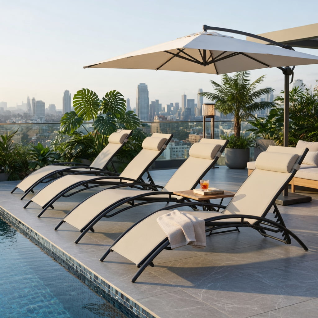 Hommoo 2-Piece Outdoor Chaise Lounge Set with 5-Position Adjustable Reclining Backrest, Heavy-Duty Metal Frame, Breathable All-Weather Fabric, Beige