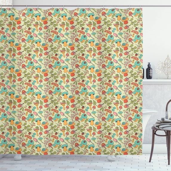 Ladybugs Shower Curtain, Doodle Woodland Pattern Cartoon Mushroom Berries and Snails on Pastel Backdrop, Fabric Bathroom Set with Hooks, 69W X 70L Inches, Multicolor, by Ambesonne