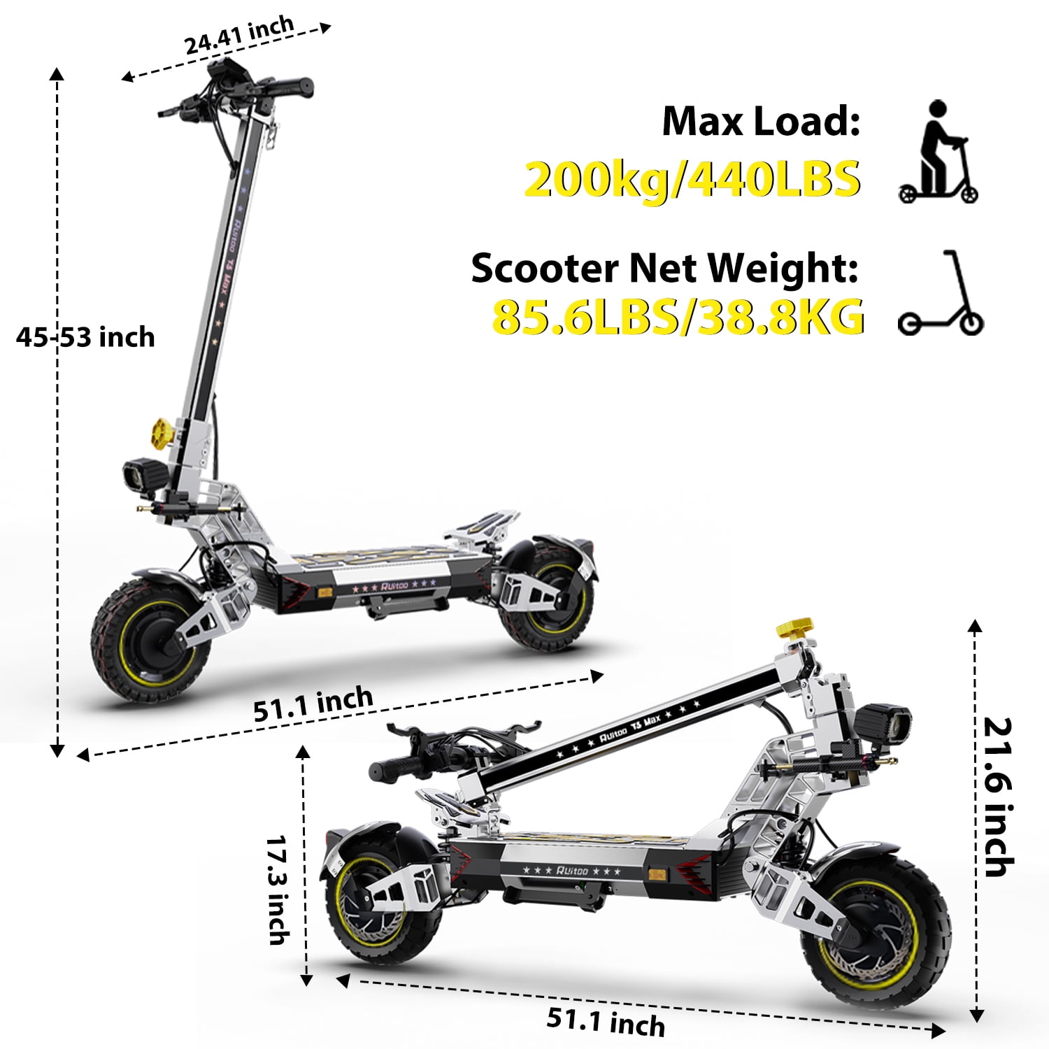 RubiQ Sports 47 Mph Electric Scooter for Adults, Range 53 Miles 5600W Dual Motor Foldable Scooter 60V 28.6Ah Large Capacity Battery Max Load 440lbs