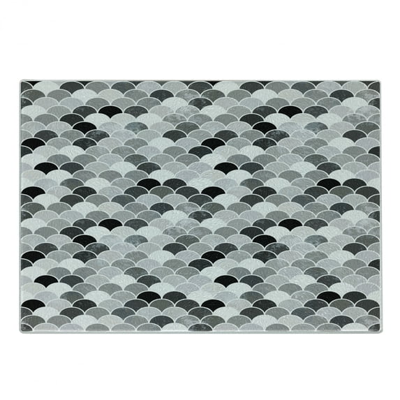 Fish Cutting Board, Squama Design with Aquatic Inspirations Animal Skin Scales Pattern Monochrome, Decorative Tempered Glass Cutting and Serving Board, Small Size, Black Grey White, by Ambesonne