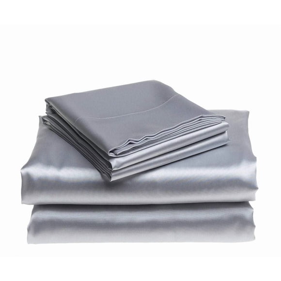 Bedify Bedding 100% Pure Silk Satin Sheet Set 4pcs Silk Fitted Sheet 15" Deep Pocket Mattress fit,Silk Flat Sheet & Pillowcases Cool Soft Silk Sheets|Wrinkle Free Fade Resistant Cal-Queen Silver Grey