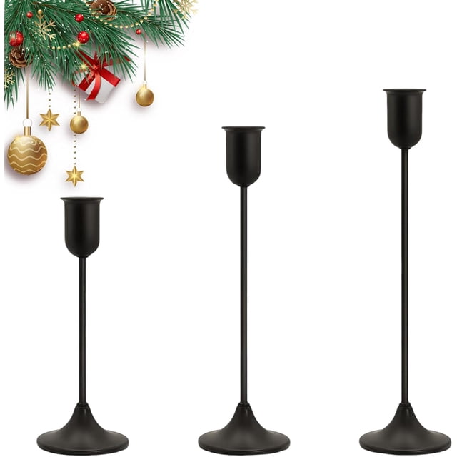 Juego de 3 Candeleros para Velas, Portavelas Decorativo de Metal Negro para Cónicas, para Decoración del Hogar, Bodas, Cenas, Fiestas y Cocina (3, Negro)