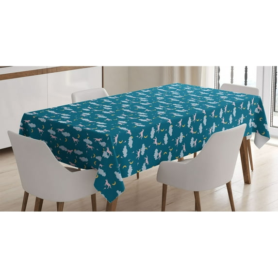 Cartoon Tablecloth, Pattern of Unicorn on Clouds Shooting Stars Moon Dream Big, Rectangle Satin Table Cover Accent for Dining Room and Kitchen, 60" X 84", Petrol Blue and Mustard, by Ambesonne