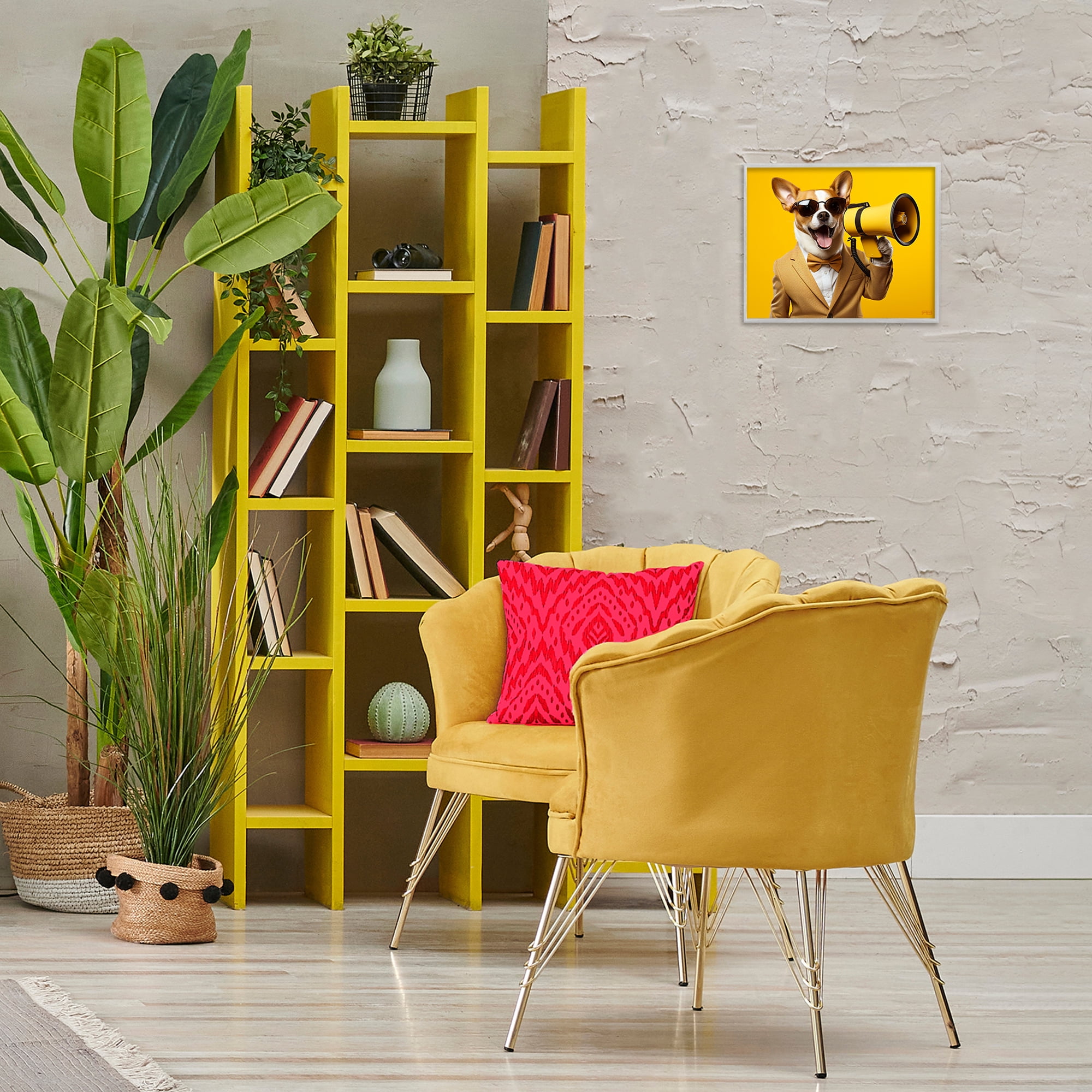 Stupell Industries Dog with Yellow Megaphone Animals & Insects Painting Gray Framed Art Print Wall Art, 14 x 11