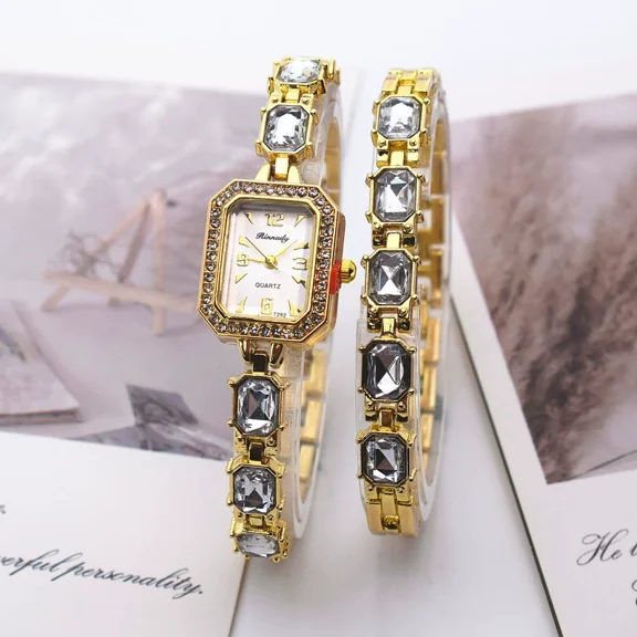 Women 2-Piece Watch Set Square Dial Quartz Wristwatch, Golden-Tone Rectangle Rhinestone Bracelet Dress Watch, Ladies Wrist Watch for Holiday Gift