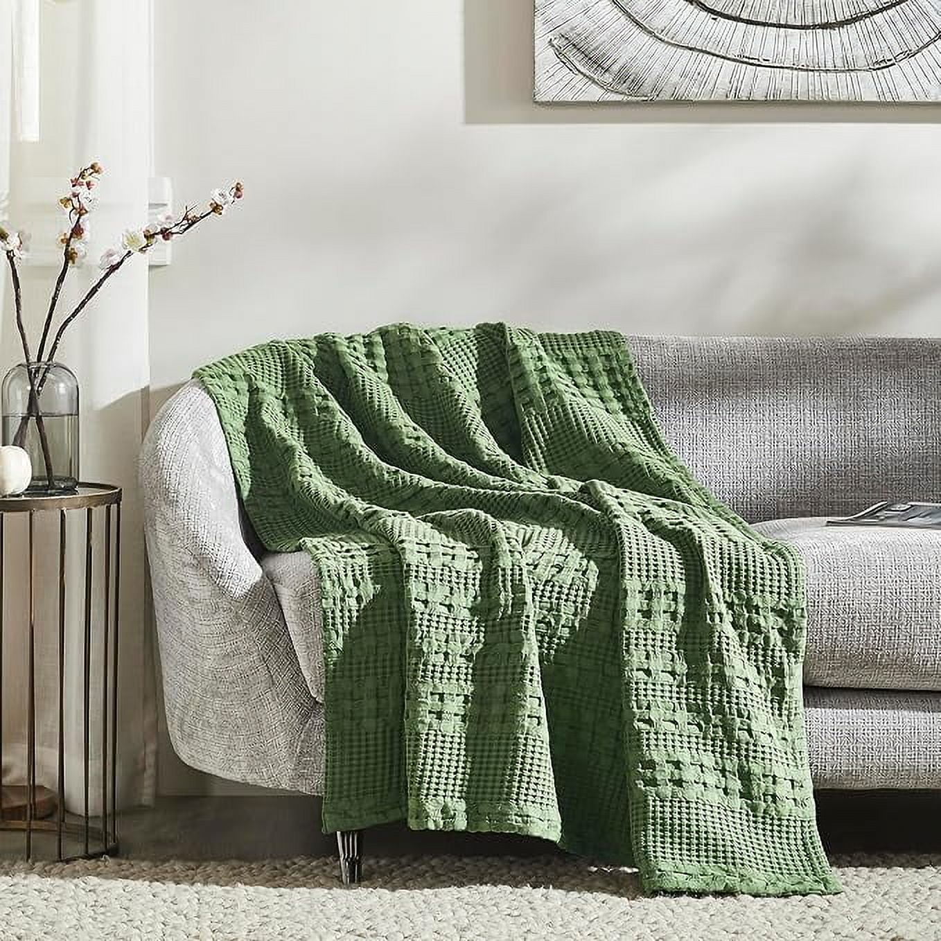 VHC Brands Waffle Weave Olive Green Throw 50x60, Decorative Cotton Throw Blanket, Boho Farmhouse Bedroom, Living Room Decor for Bed, Couch, or Sofa