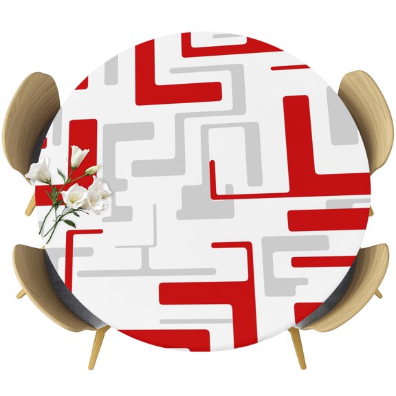 Modern Geometric Red Round Tablecloth 45-54 Inch Round Fitted Table Cloth with Elastic Edge, Abstract Minimalist Artwork Lines Waterproof Table Cover Protector for Outdoor Picnic Party Dining