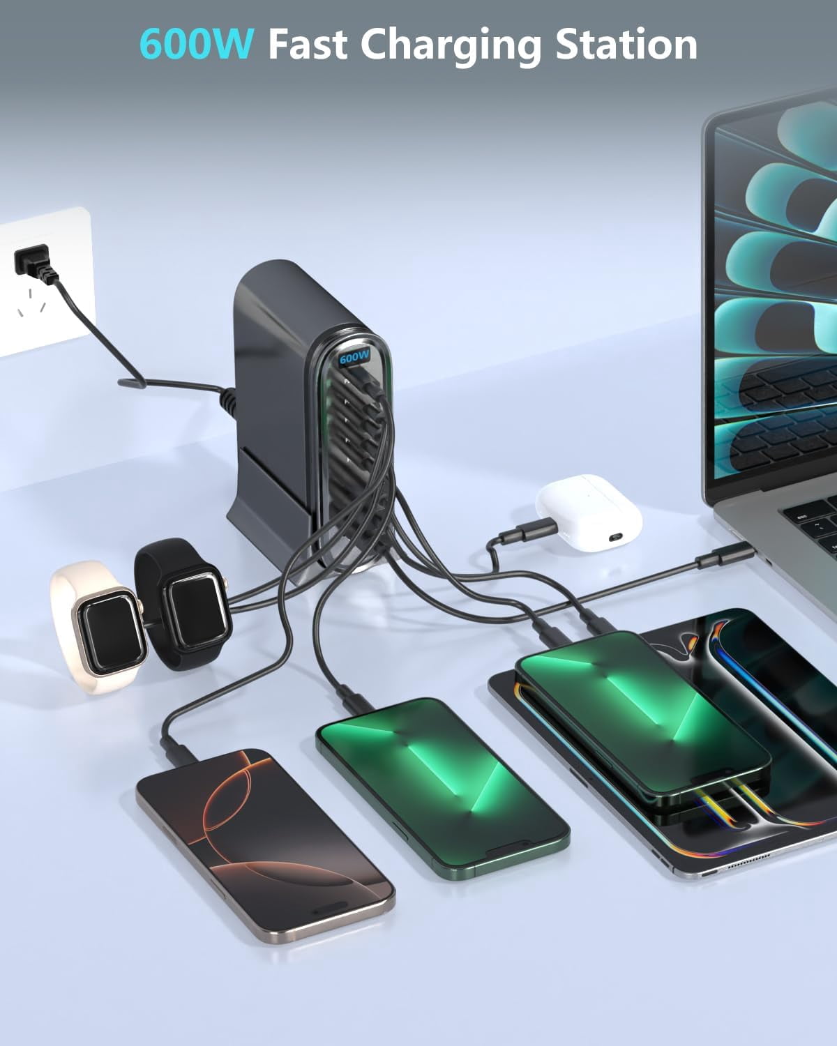 600 Watt 8-in-1 USB-C GaN Charger, 8-Port USB Fast Charging Station, Dual 140W PD PPS Port + Dual 100W PD Port for Multiple Electronic Devices, Computer Wall Charger, iPhone 17 16 15 14 13 iPad