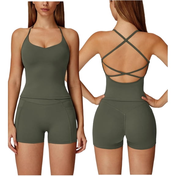 PISONIC Two Piece Workout Sets for Women Criss Cross Tank Top Matching V Cut Shorts Gym Yoga Active Wear Outfits with Pocket