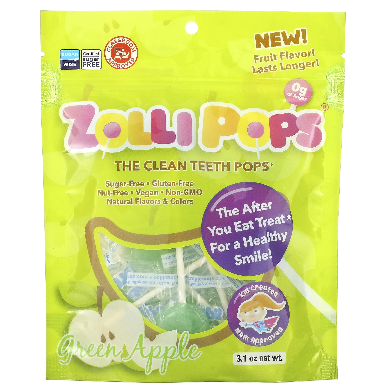 Photo 1 of ***best by 11 2024***Zollipops The Clean Teeth Pops, Green Apple, 3.1 oz