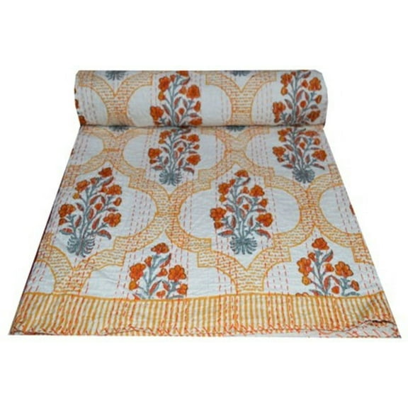 indian hand block print cotton kantha quilt Bedding throw sofa coverlet bedspread single size vintage blanket, 60 X 90 Inche