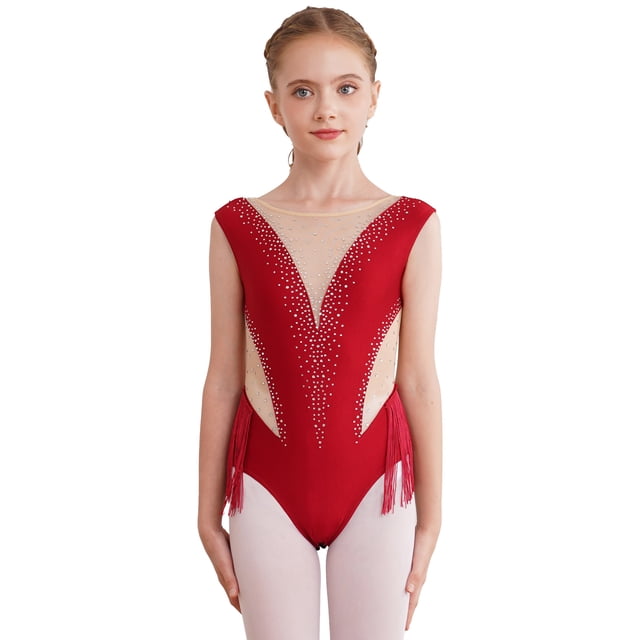 Raenseen Robe de Danse Latine Sans Manches pour Fille avec Strass et Franges, Bordeaux 8