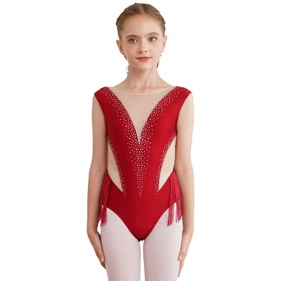 iEFiEL Girls Ballet Gymnastics Leotard Latin Cha-Cha Dancewear Sleeveless Shiny Rhinestones Tassels Bodysuit Burgundy 6