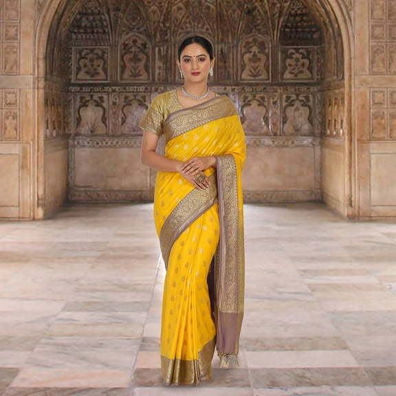 Banarasi katan silk sari - Yellow Size: M, Color: Yellow
