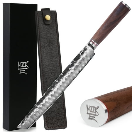 

YOUSUNLONG Pro Sujihiki knife Yanagiba Knife 11 inch Super sharp Slice Carving Knife Japanese Damascus VG10 Steel - Natural Walnut Handle With Leather Sheath And Gift Box