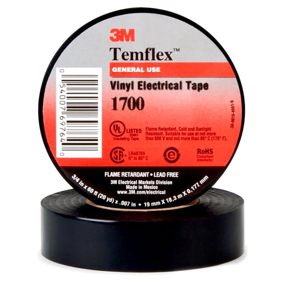 3M 7010398066 Temflex Vinyl Electrical Tape 1776, Made of Black Durable PVC, 3/4 in x 60 ft, 1-1/2 in Core, 0.178 mm Thickness