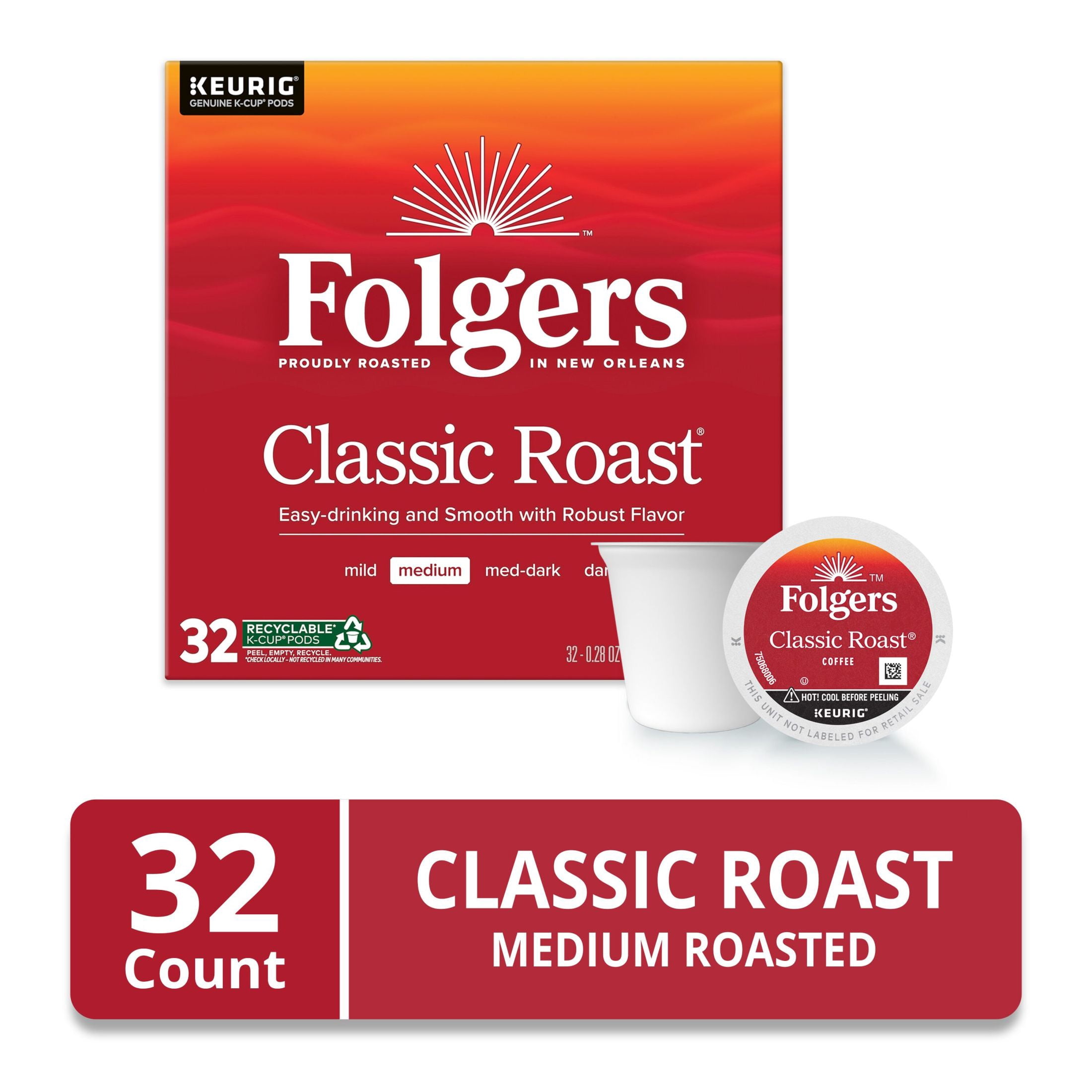 Folgers Classic Roast, Medium Roast Coffee, Keurig K Cup Pods, 32 Count Box