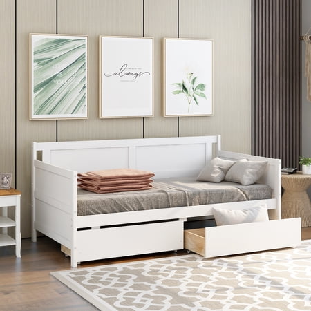 CoSoTower Daybed With Two Drawers  Twin Size Sofa Bed  Two Storage Drawers For Bedroom  Living Room  White