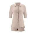 thumbnail image 5 of LADIGASU Women's Summer Two Piece Neck Long Sleeve Shirt High Waist Drawstring Large Shorts Casual Set, 5 of 5