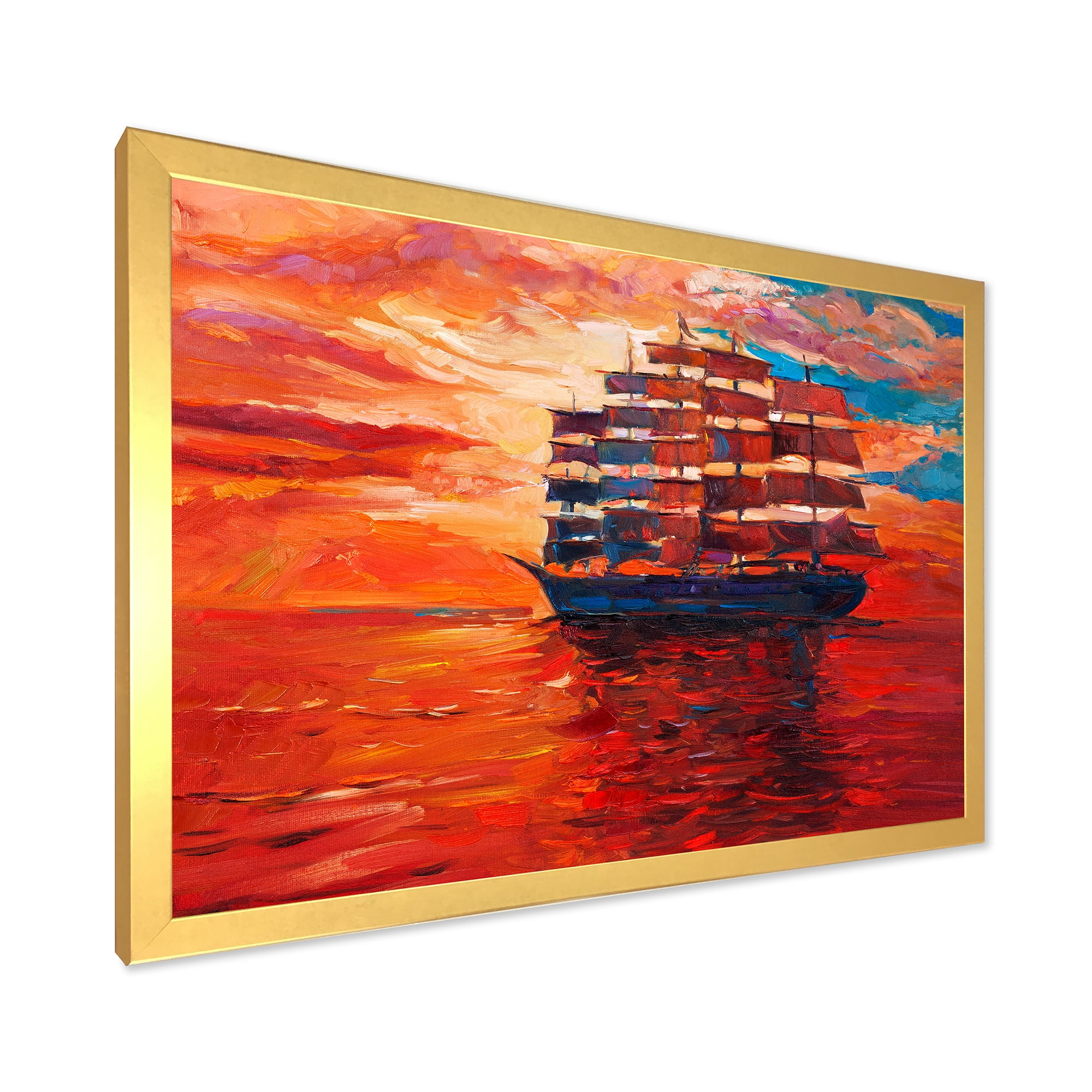 Frigate During Red Evening Glow On The Ocean Horizon 20 in x 12 in Framed Painting Canvas Art Print, by Designart